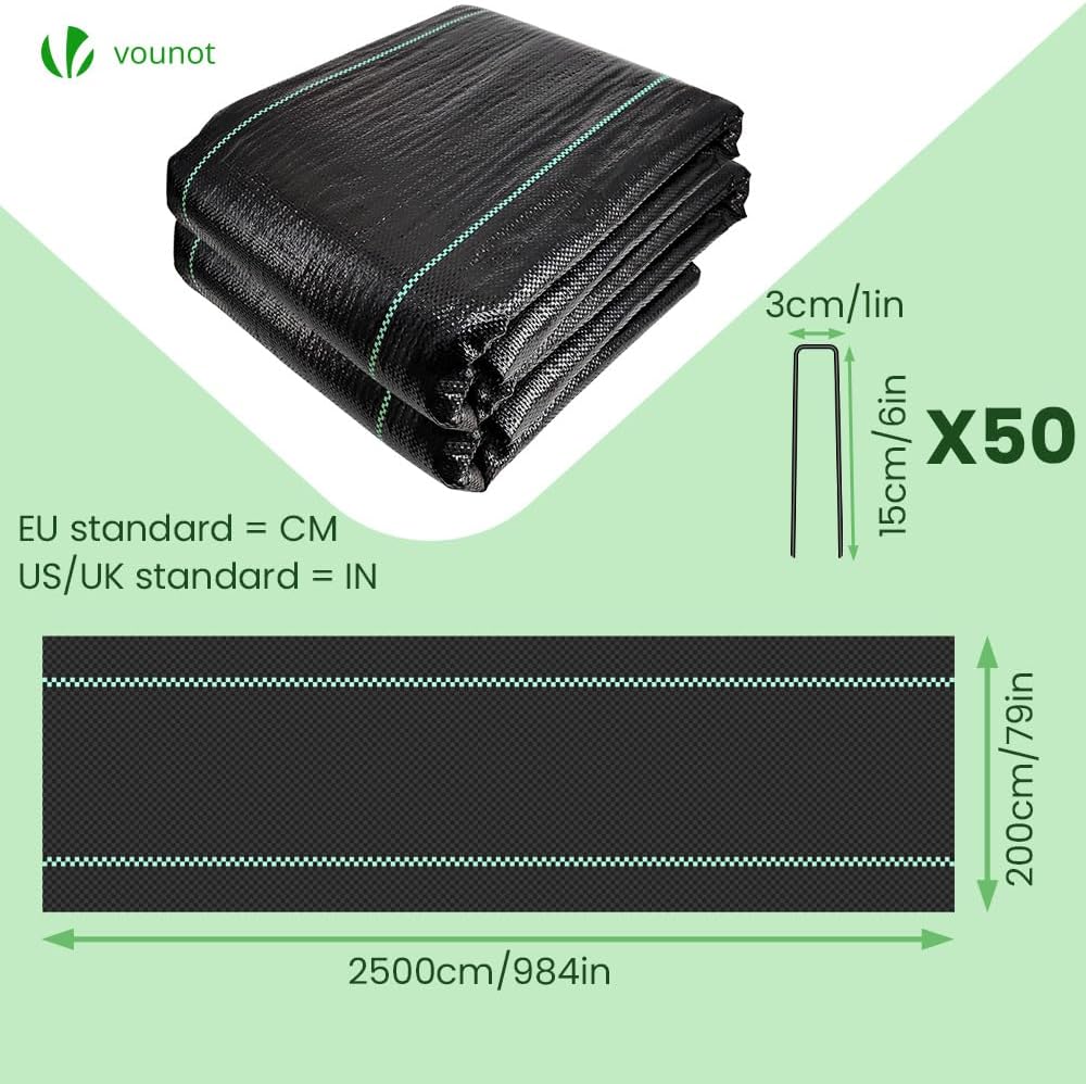 Thumbnail 1 de VOUNOT Toile de Paillage 2 m x 25 m avec 50 piquets – paillage anti-herbes en polypropylène 100 g/m², UV stabilisée