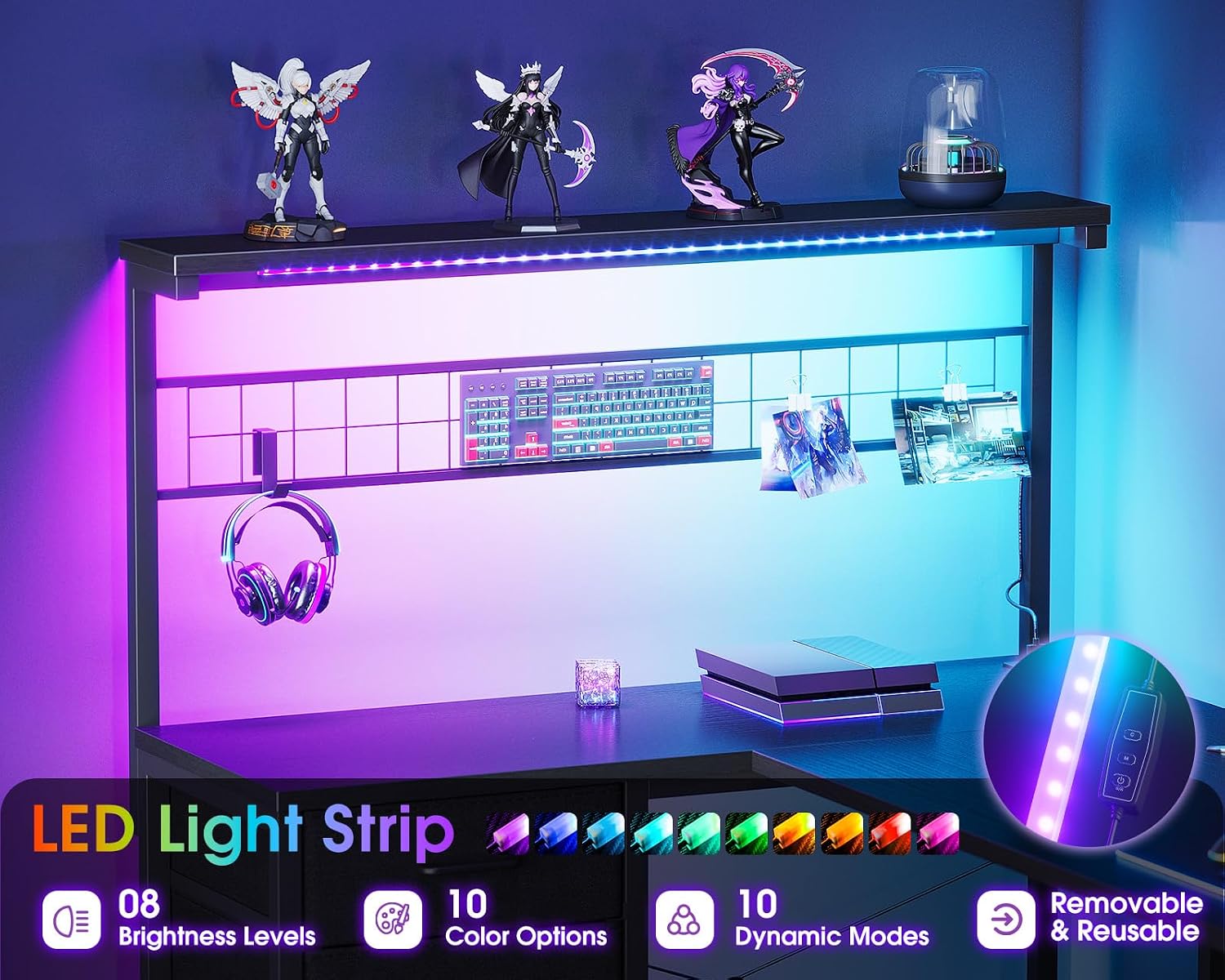 Detalle de AODK 51" L-Shaped Gaming Desk with LED Lights, 4 Drawers & USB Ports