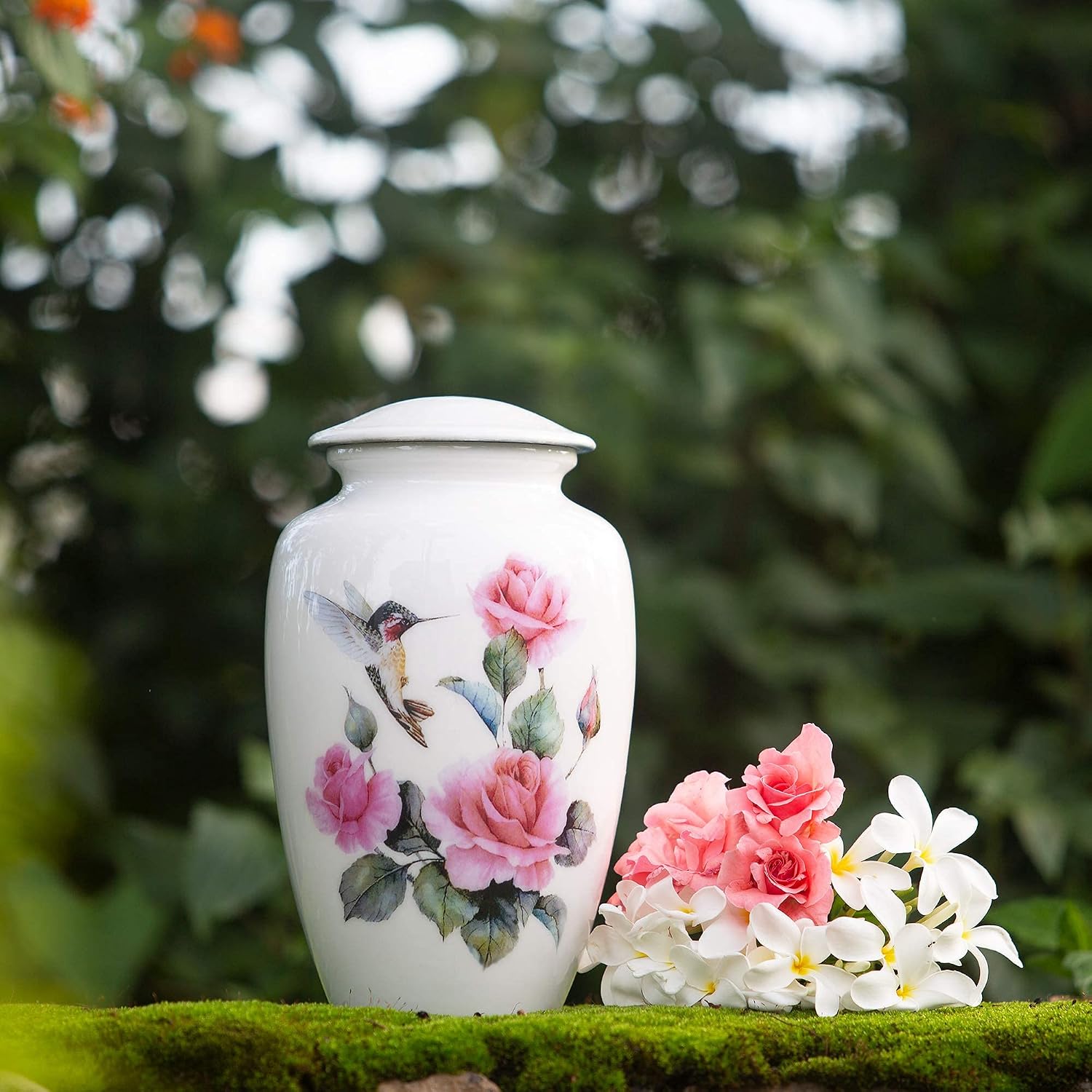Detalle 2 de BOLD & DIVINE Hummingbird Printed Large Adult Cremation Urn (200 cu in) with Velvet Bag