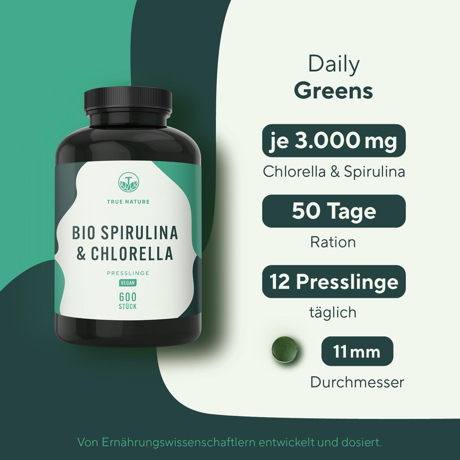 Detalle de Bio Spirulina & Chlorella Presslinge – 600 Tabletten, 6.000 mg/Tag, vegan, DE hergestellt