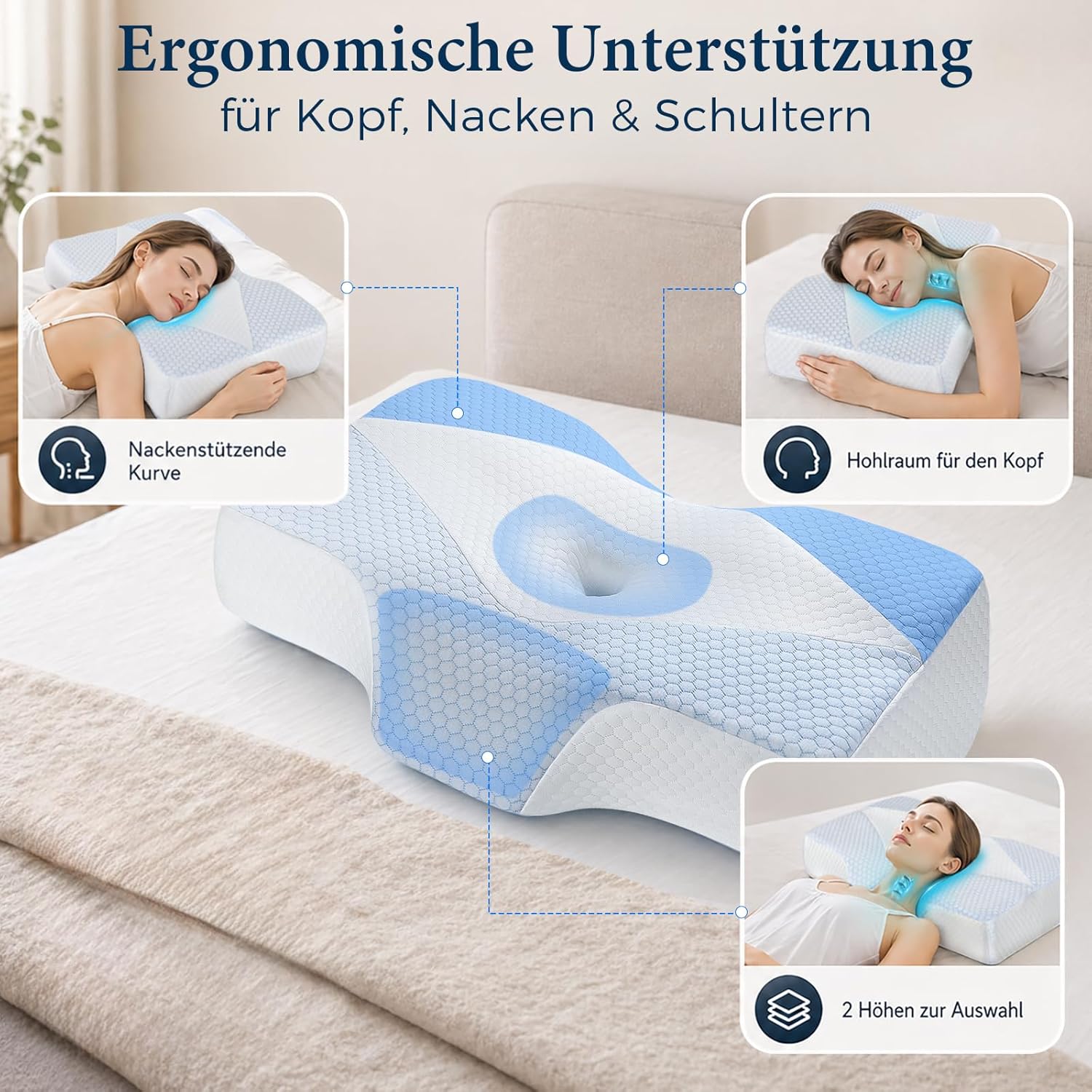 Detalle 2 de Hypuno Orthopädisches Memory Foam Kopfkissen 2 Höhen