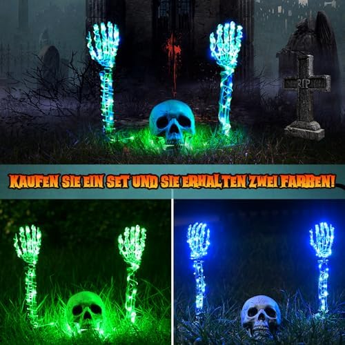 Detalle de Maxee Halloween-Skelett-Set mit Totenkopf, Händen und LED-Lichterketten mit Timer
