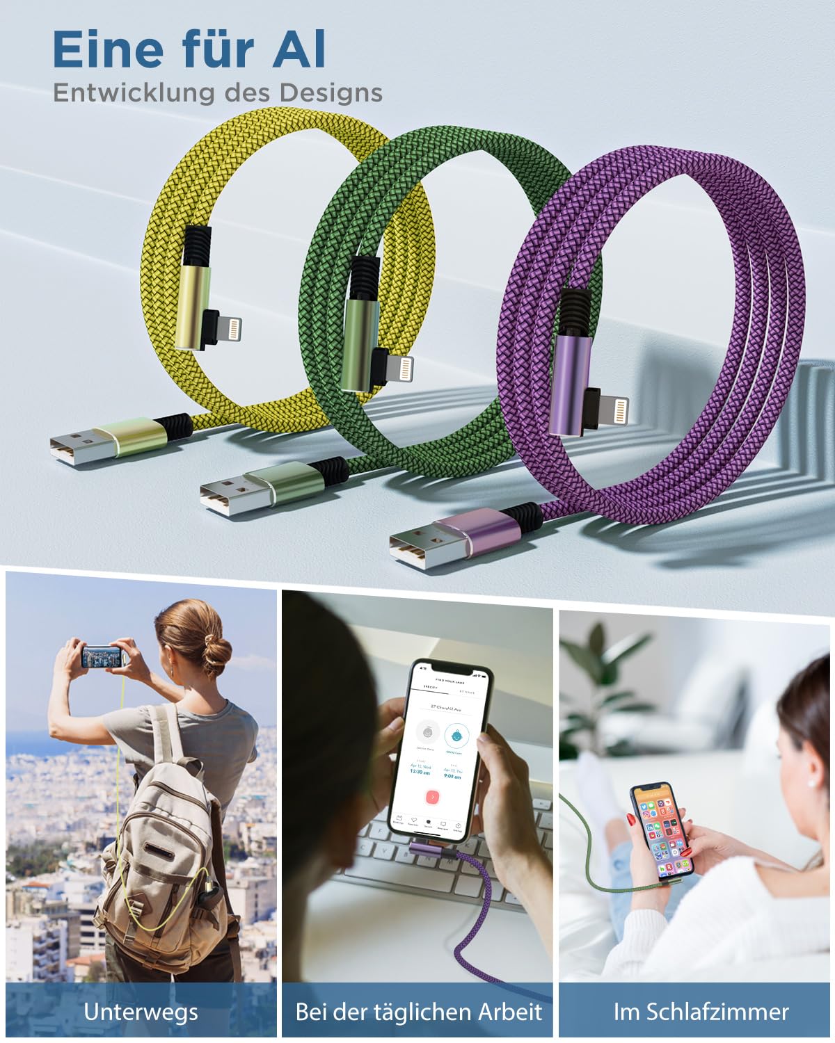 Thumbnail 6 de Yosou Lightning Ladekabel (90°) mit MFi-Zertifizierung – 3er Set, je 2 m