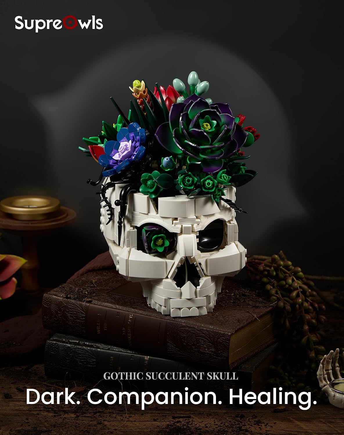 Detalle de Succulent Skull Planter Flowers Building Set: Gothic Skeleton Pot Display Kit