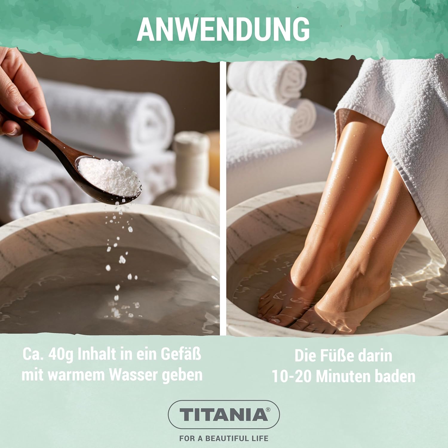 Detalle de TITANIA Fußbadesalz 325 g mit Teebaumöl – natürliche Fußpflege gegen Fußpilzprävention