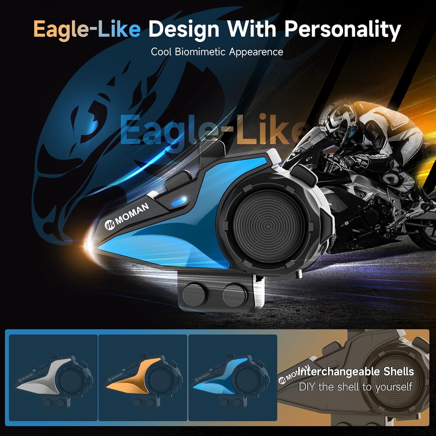 Detalle 2 de Moman H2E 2-Way Motorcycle Headset — Eagle-Style Intercom with 1,000m Range