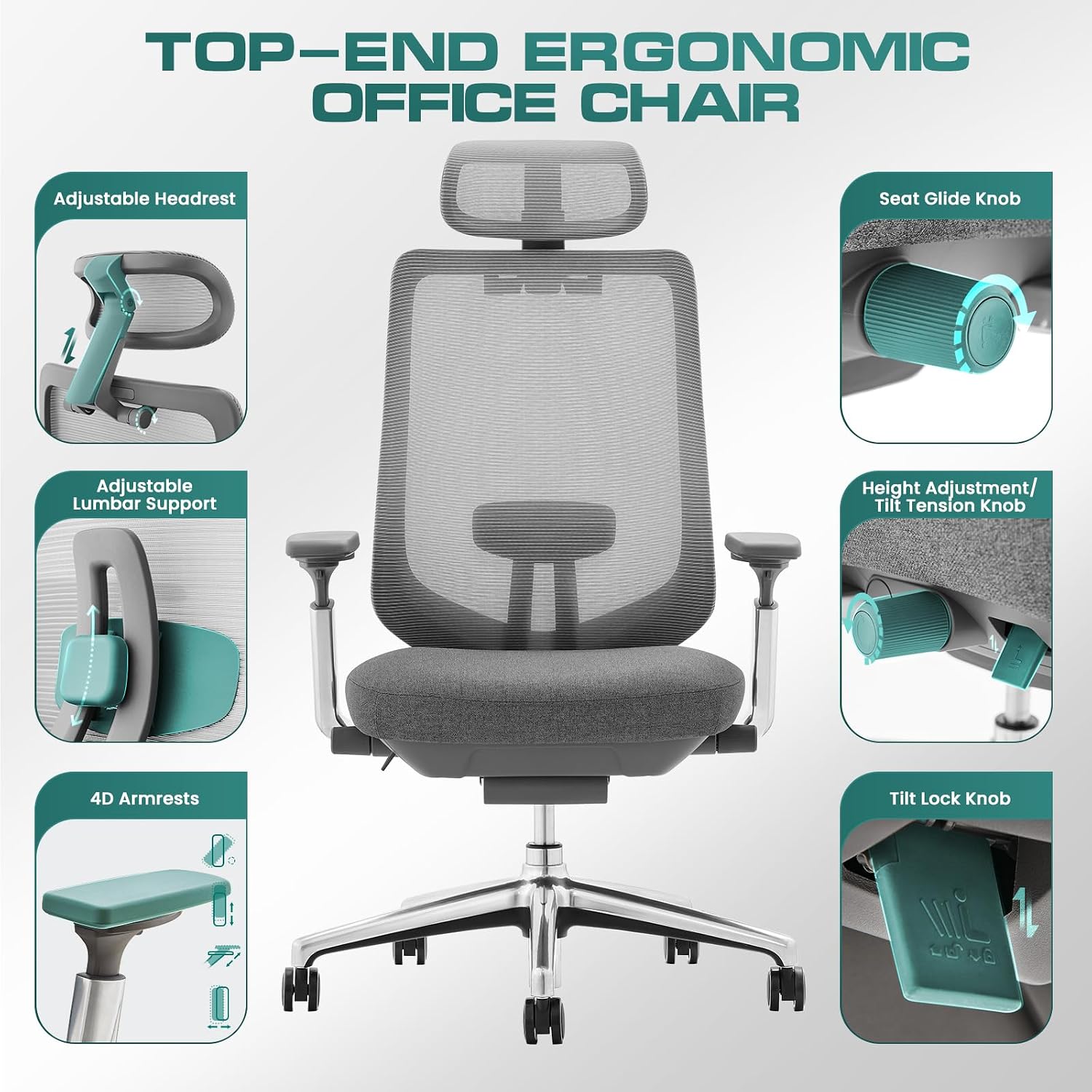 Detalle 2 de COLAMY XK-Atlas Ergonomic Mesh Office Chair with Adjustable Headrest and 4D Arms