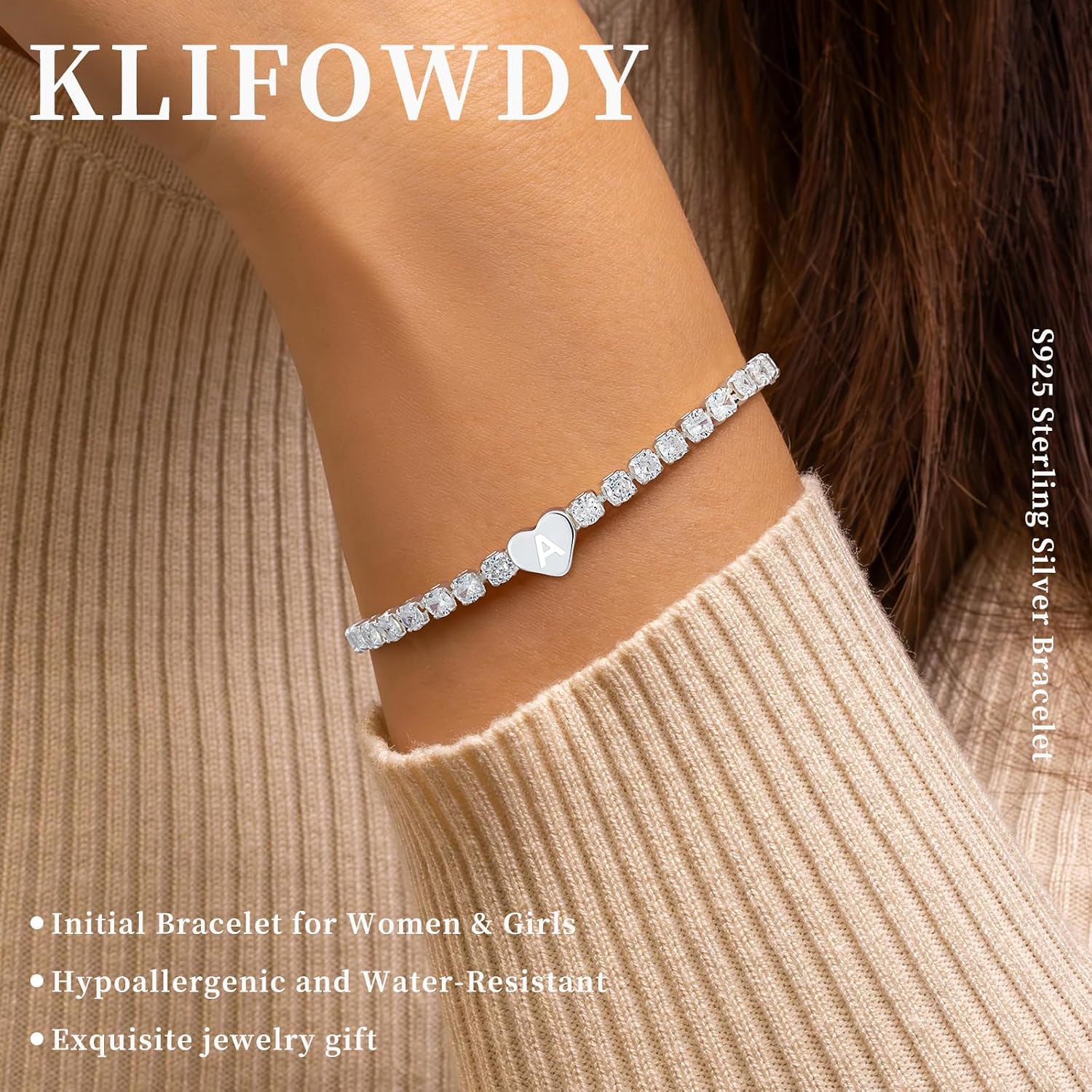 Detalle de KLIFOWDY Sterling Silver Initial Tennis Bracelet (Letter A–Z) with Heart & Cubic Zirconia