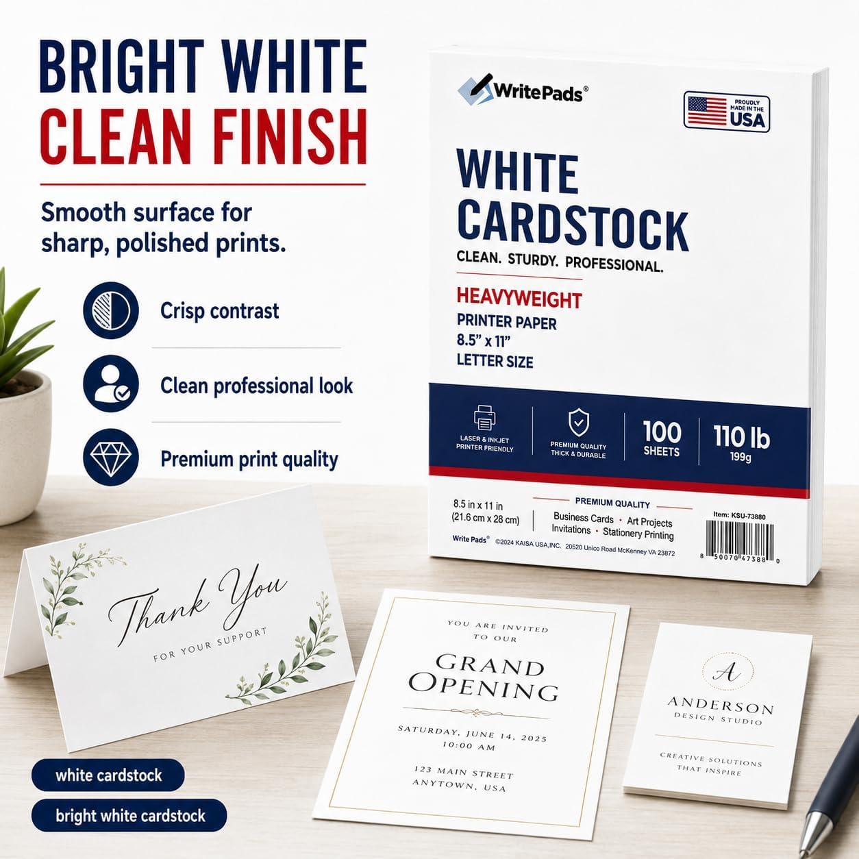 Detalle de KAISA KSU-73835 White Cardstock, 110 lb, 199 GSM, Letter Size, 100 Sheets