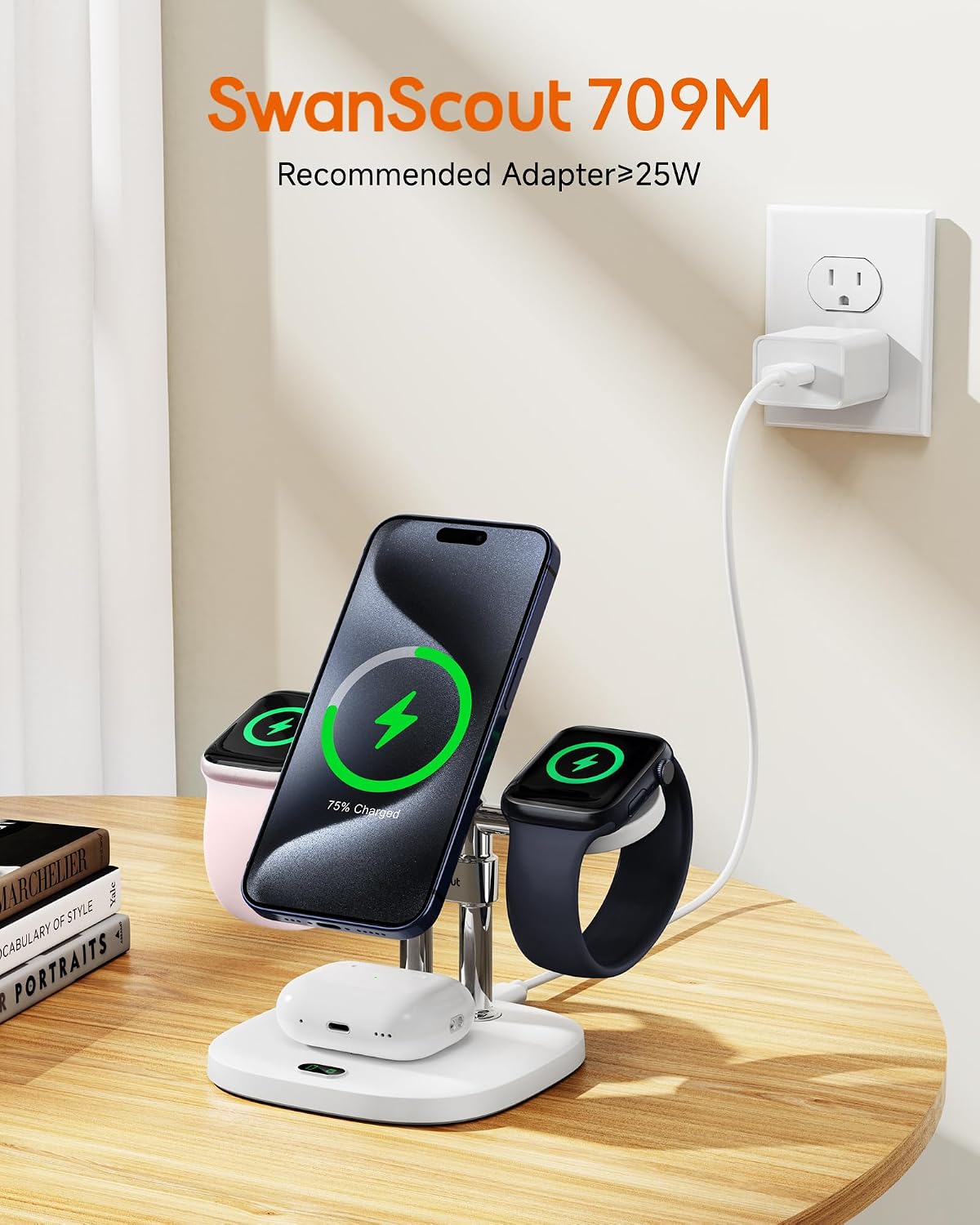 Detalle de SwanScout 709M Dual-Ladestation für Apple Watch – 25W Gesamtleistung, MagSafe-kompatibler Ladebereich