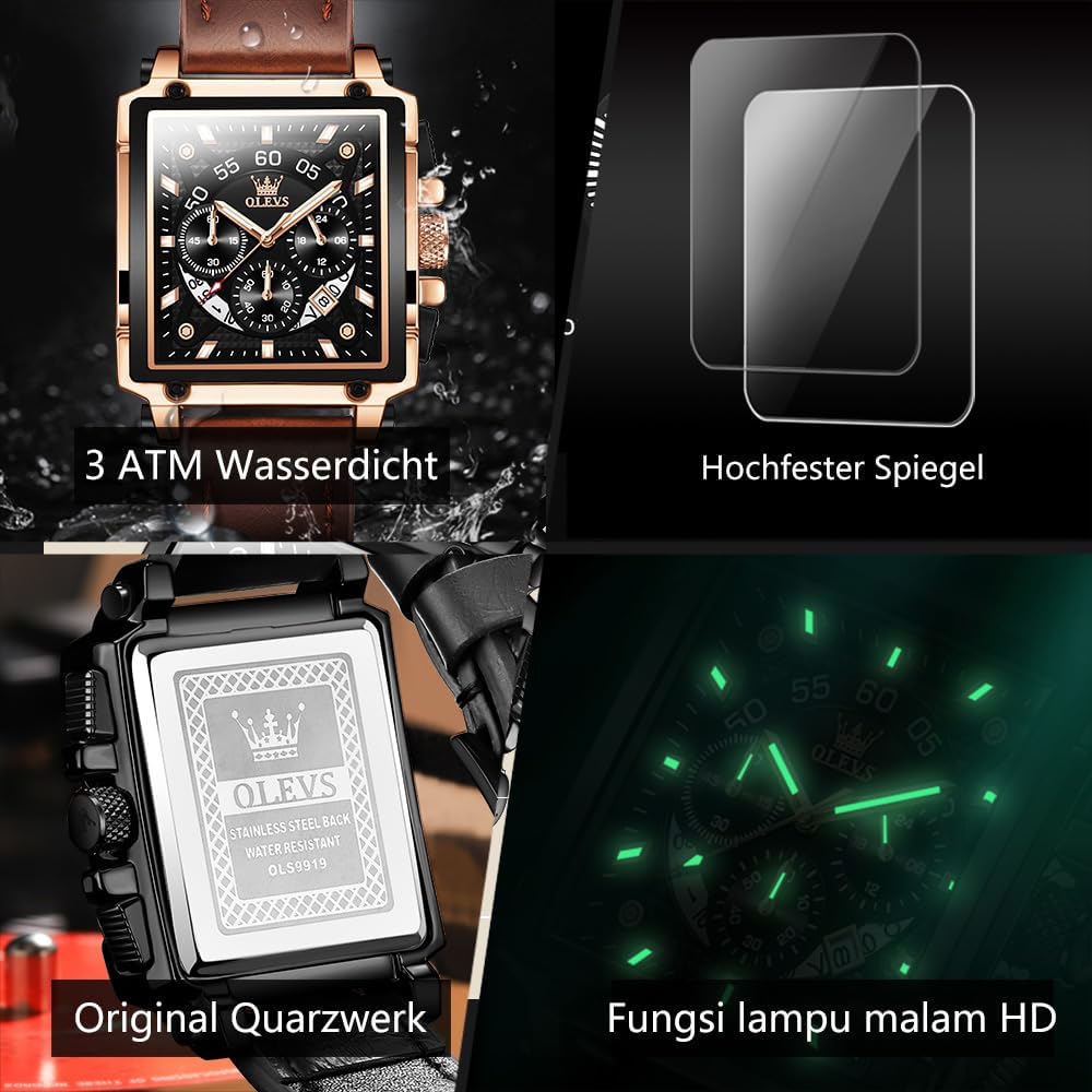 Detalle de OLEVS Herrenuhr mit Lederarmband und Chronograph – japanisches Quarzwerk, Datum, 42×45 mm