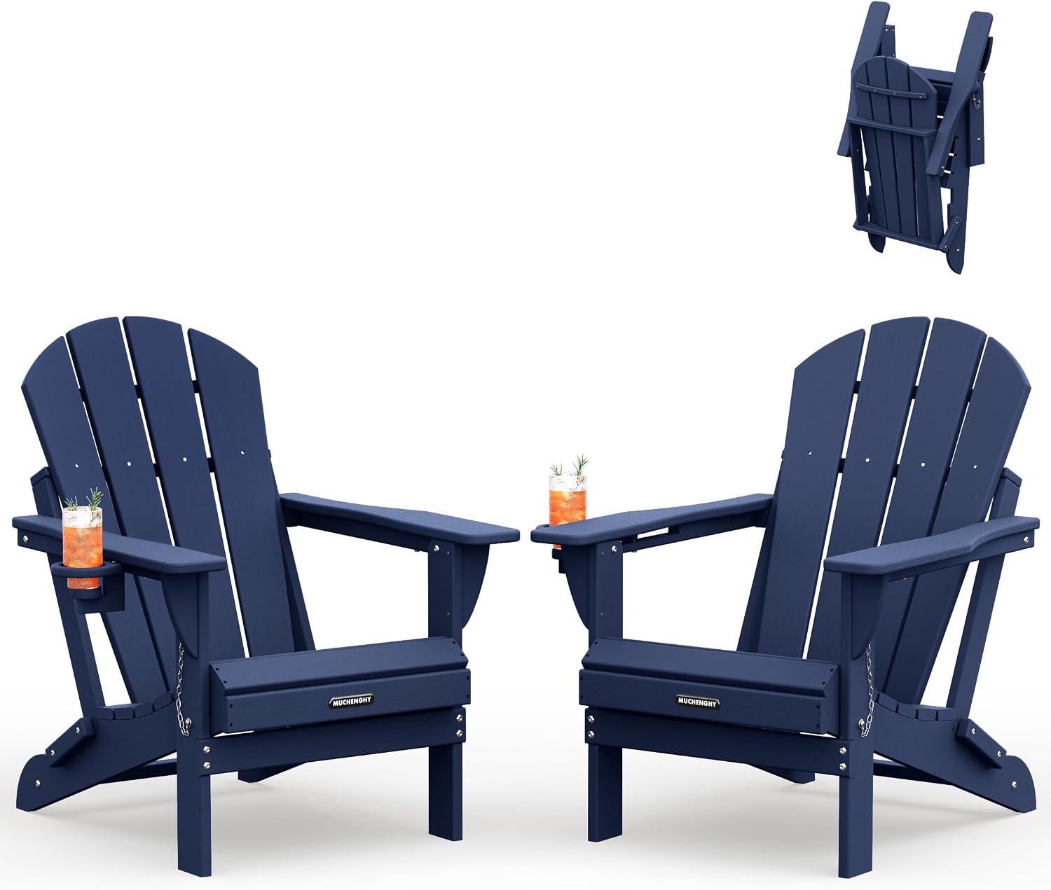 Detalle de MUCHENGHY Folding Adirondack Chair Set of 2, Dark Navy HDPE, Cup Holder