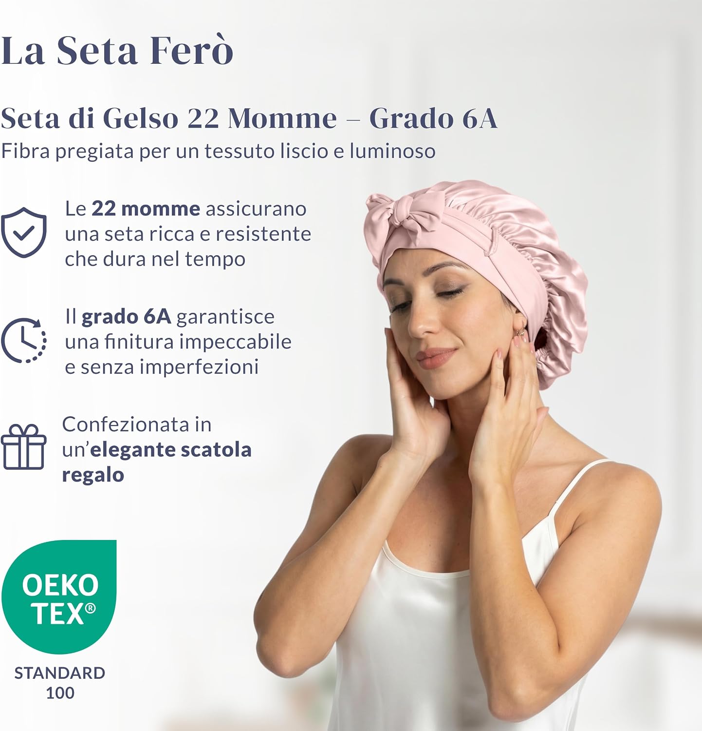 Detalle 2 de Ferò Cuffia Seta Capelli Notte: 100% Gelso di Lusso, 22 Momme, Regolabile e Traspirante