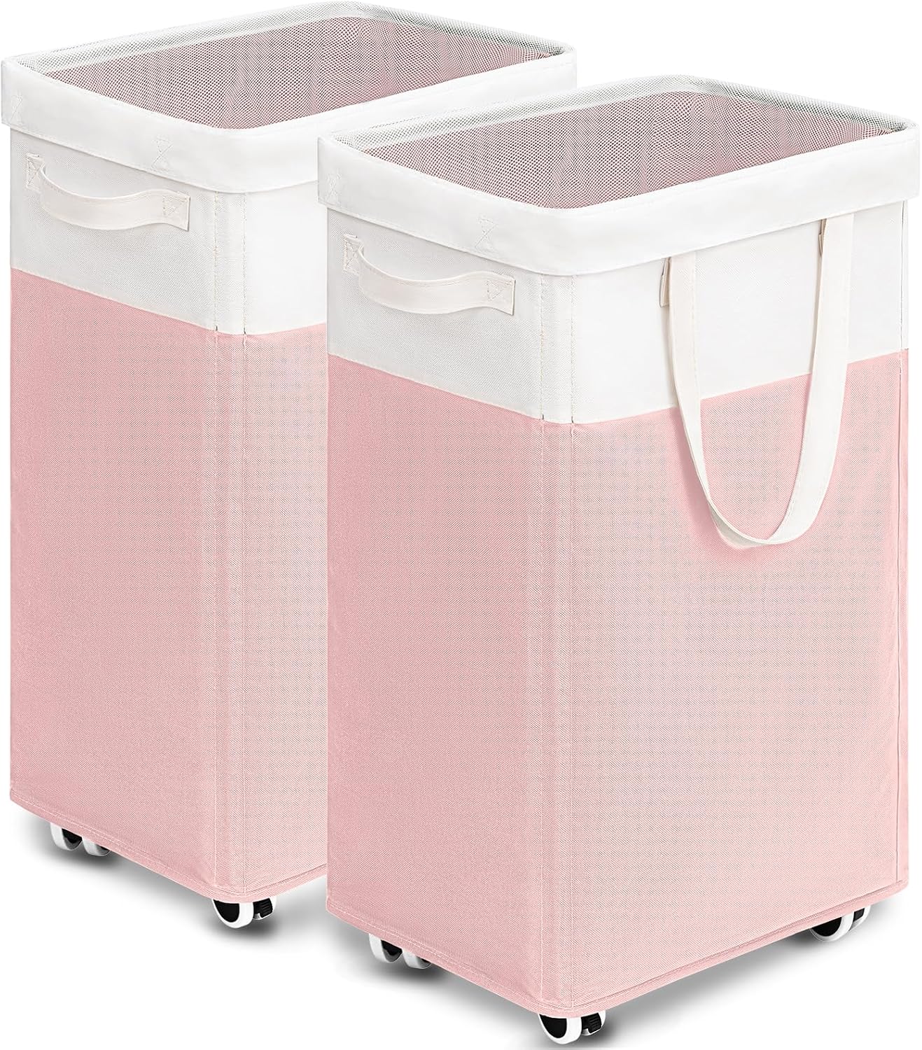 Detalle de Goodpick Canvas07wheel75-pink white 2-Pack Rolling Laundry Hampers, 75L