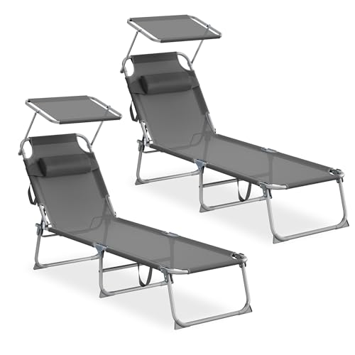 Detalle de SONGMICS Set da 2 Sedie a Sdraio Pieghevoli con Parasole e Schienale Regolabili – Grigio GCB292GZ02