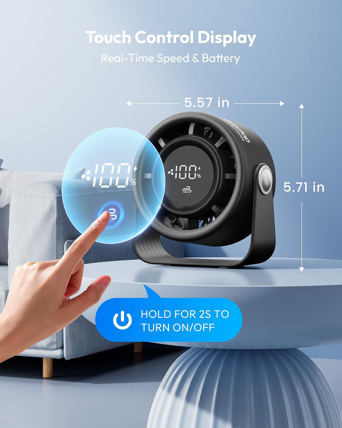 Thumbnail 1 de gaiatop Small Rechargeable Desk Fan (5in) with 4000mAh Battery, Touch Control LED, 360° Tilt, 5 Speeds – Black