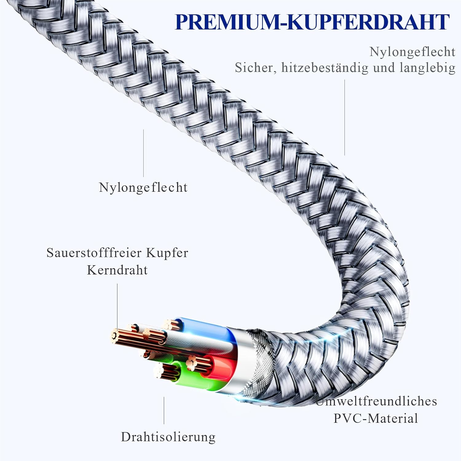 Thumbnail 1 de Netzkabel 3-polig Kaltgerätekabel 0,5 m Nylon-Geflecht, CEE 7/7 auf IEC60320 C13 – VDE-zertifiziert