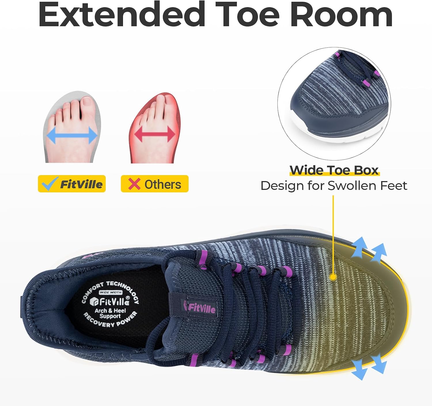 Detalle 2 de FitVille Chaussures de Marche Femme Pieds Larges 5 cm đ