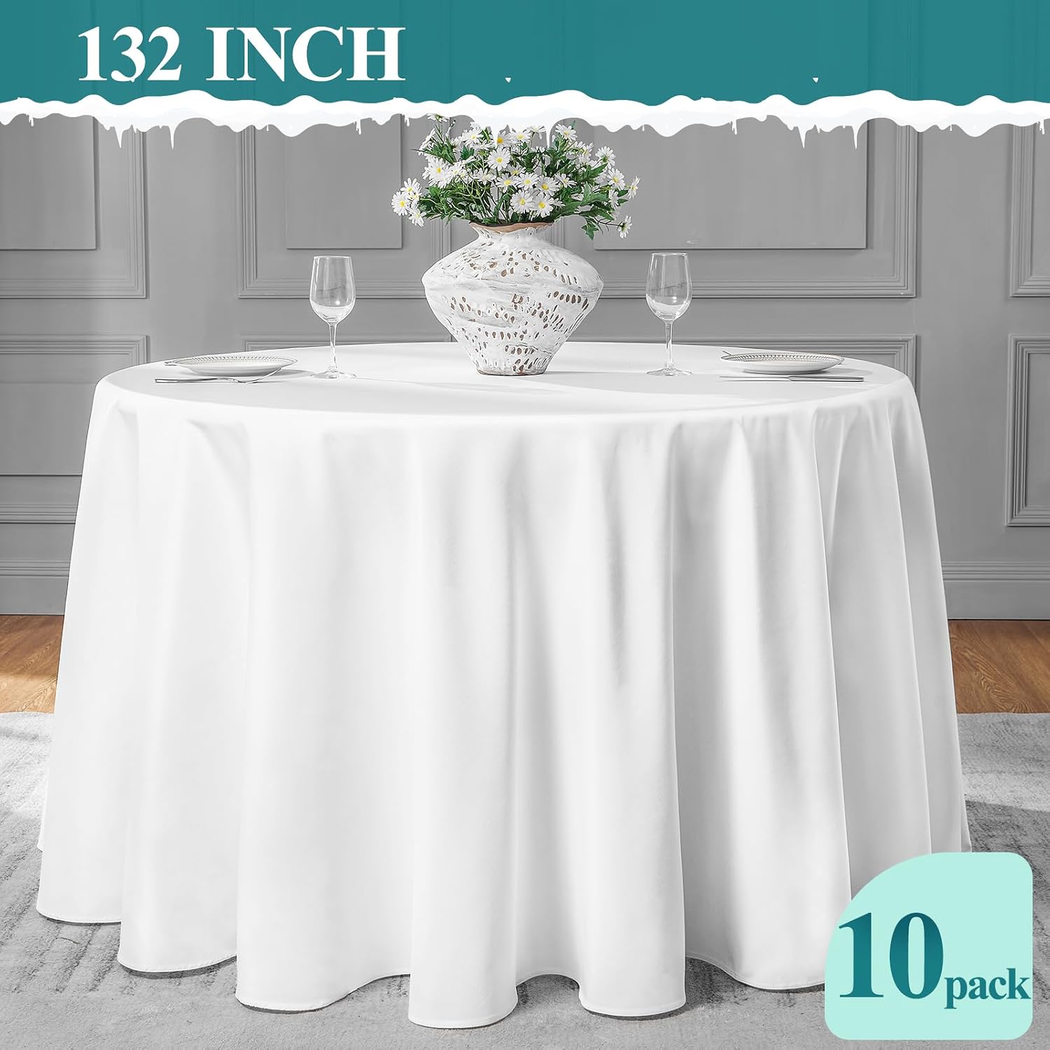 Detalle de VidaFete Round Tablecloth (132-inch) — 10 Pack Polyester Table Cover, Stain & Wrinkle Resistant (White)