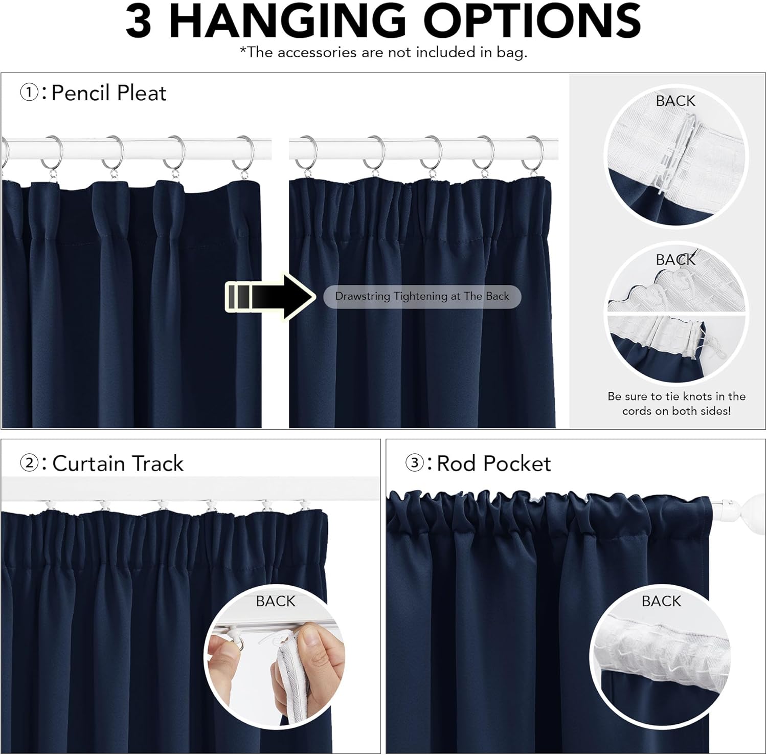 Thumbnail 2 de Deconovo Navy Blackout Pencil Pleat Curtains – 66 x 54 Inches, 2 Panels