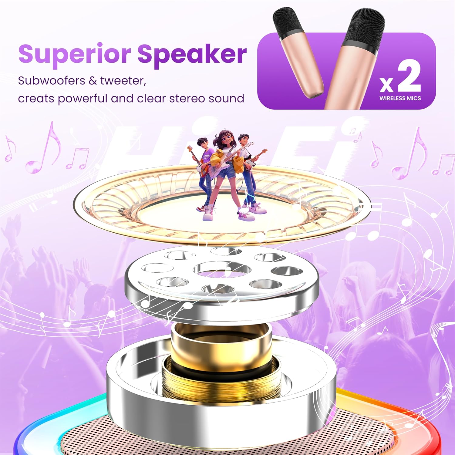 Detalle de Mini Karaoke Machine: Portable Bluetooth Speaker with 2 Wireless Microphones