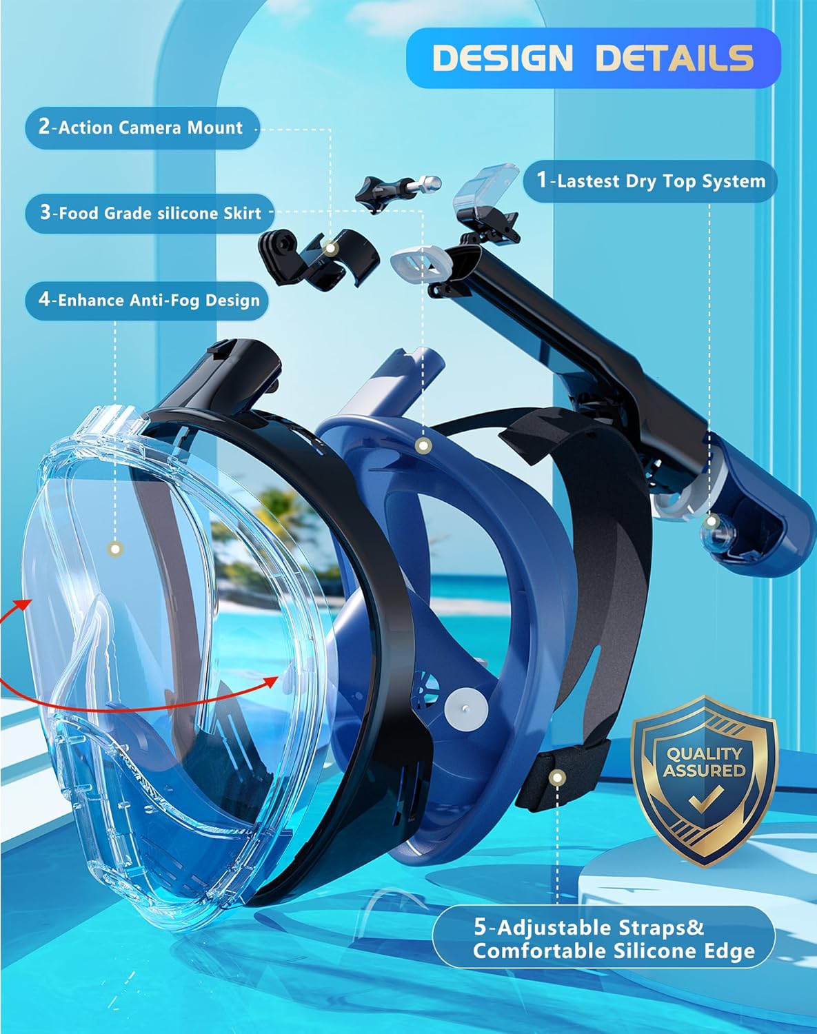 Thumbnail 5 de Greatever Full Face Snorkel Mask with Dry Top System and Detachable Camera Mount