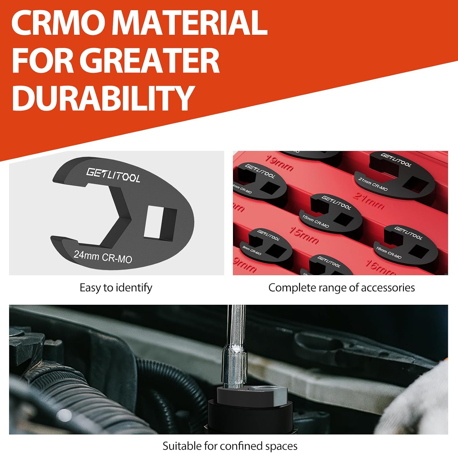Detalle 1 de GETLITOOL GET092-EU-A crowfoot-steeksleutelset, 15-delig, Cr-Mo, 8–24 mm