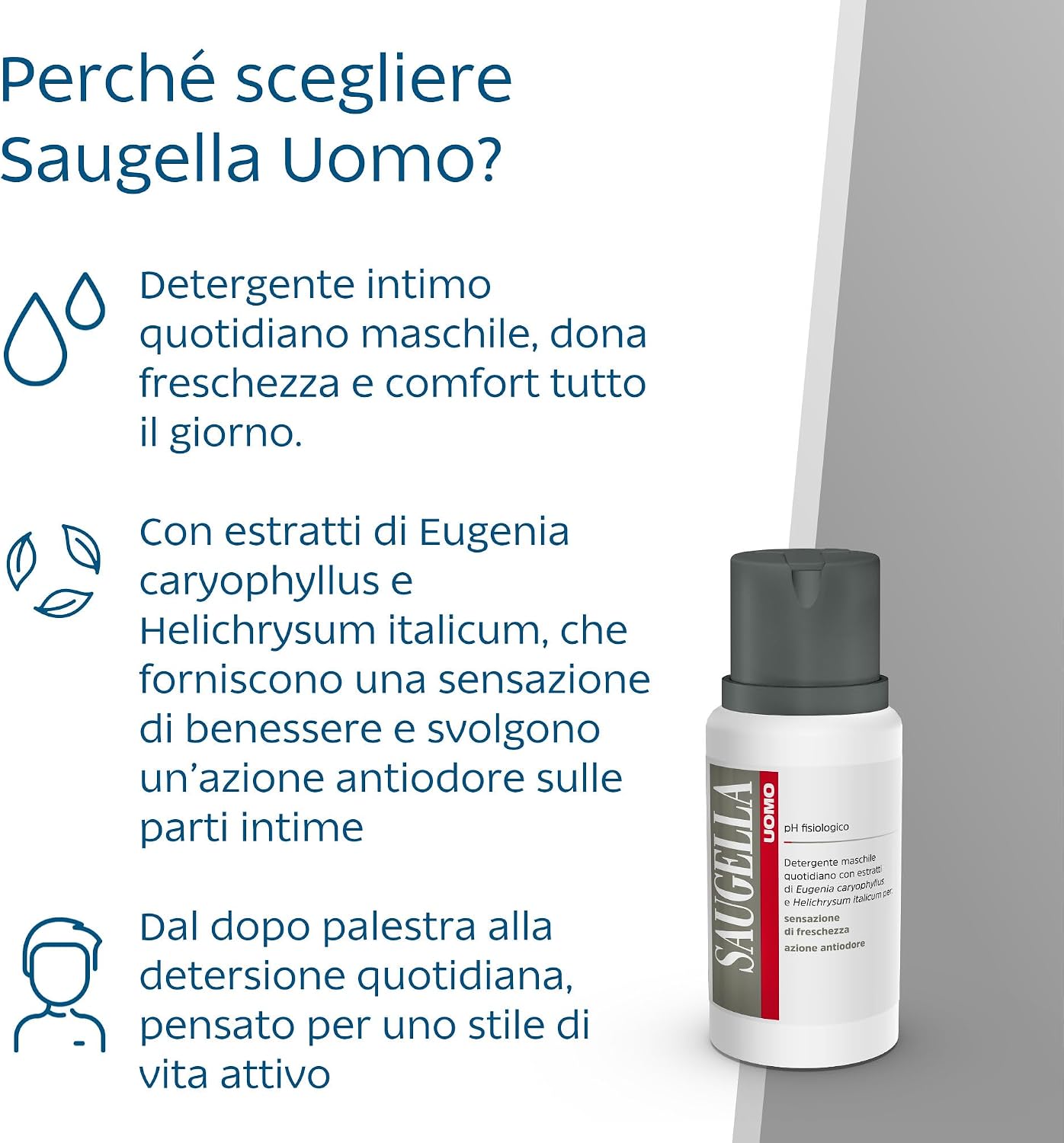 Detalle de Saugella Uomo Detergente Intimo e Corpo Rivitalizzante (200 ml) – ph fisiologico, con elicrisio e chiodi di garofano