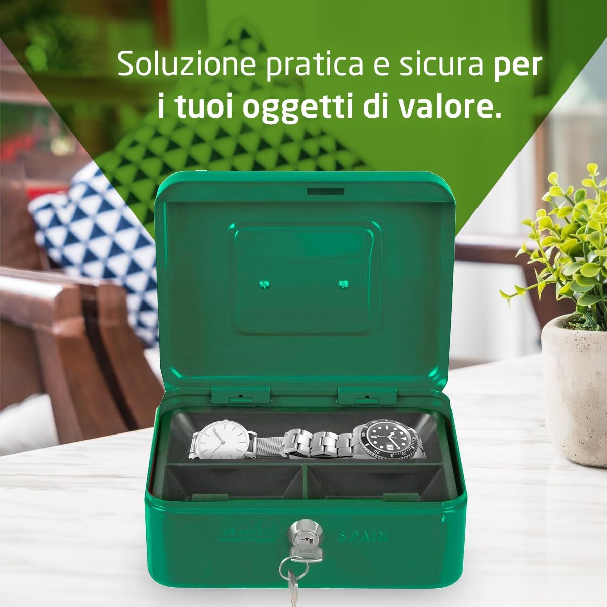 Thumbnail 4 de Amig - Cassetta portavalori in acciaio verde con vassoio monete e serratura a 2 chiavi (200 x 160 x 90 mm)