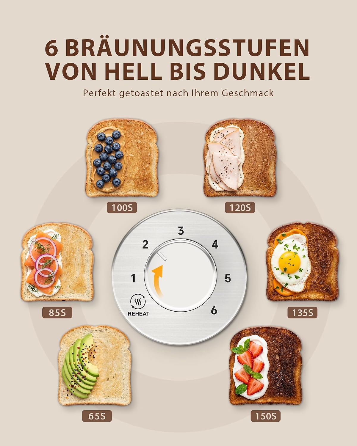 Thumbnail 3 de Edelstahl 2-Scheiben-Toaster mit LED-Countdown & 3,5-cm-Schlitzen, 6 Bräunungsstufen und Brötchenaufsatz (silber)