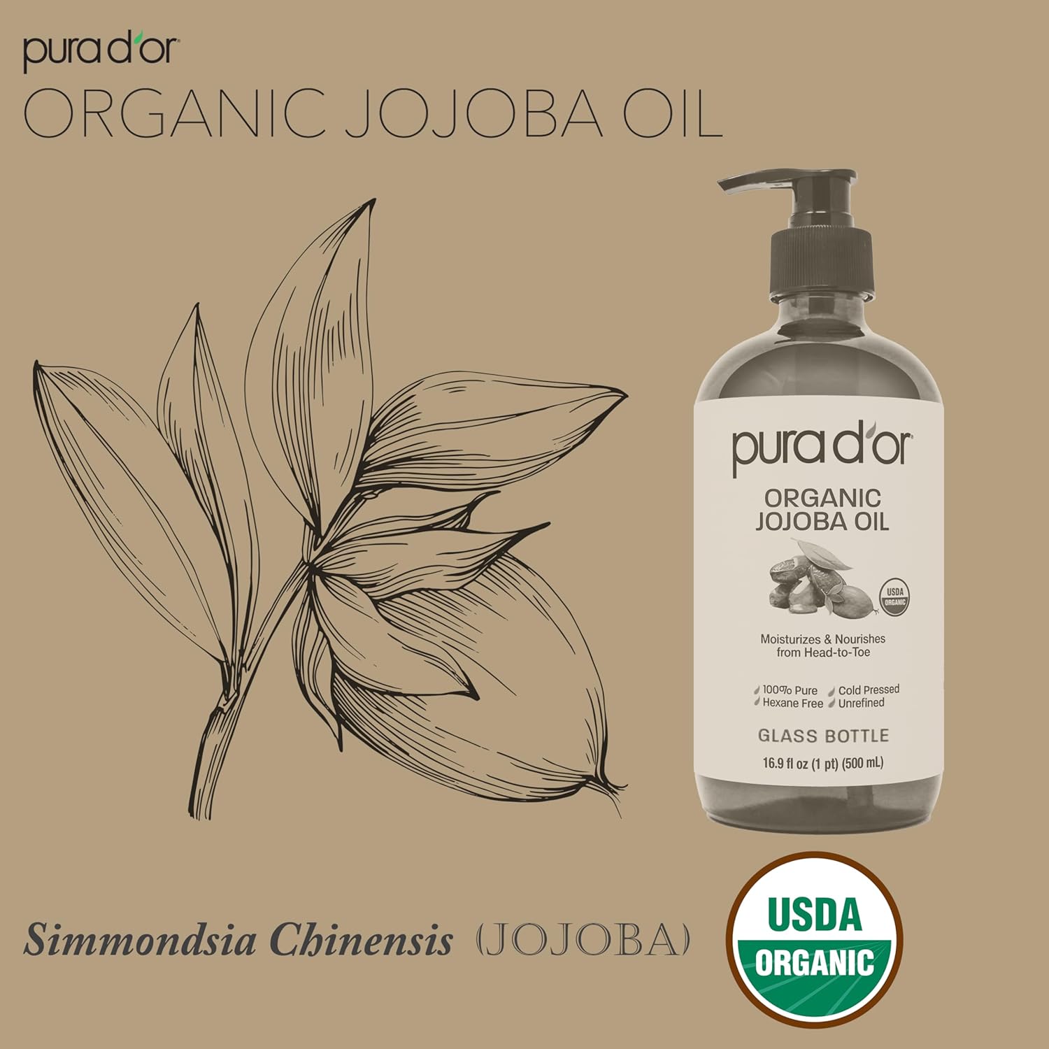Thumbnail 3 de PURA D'OR Organic Jojoba Oil (16.9 Oz, Glass Bottle) — Pure Carrier Oil for Skin, Hair & Nails