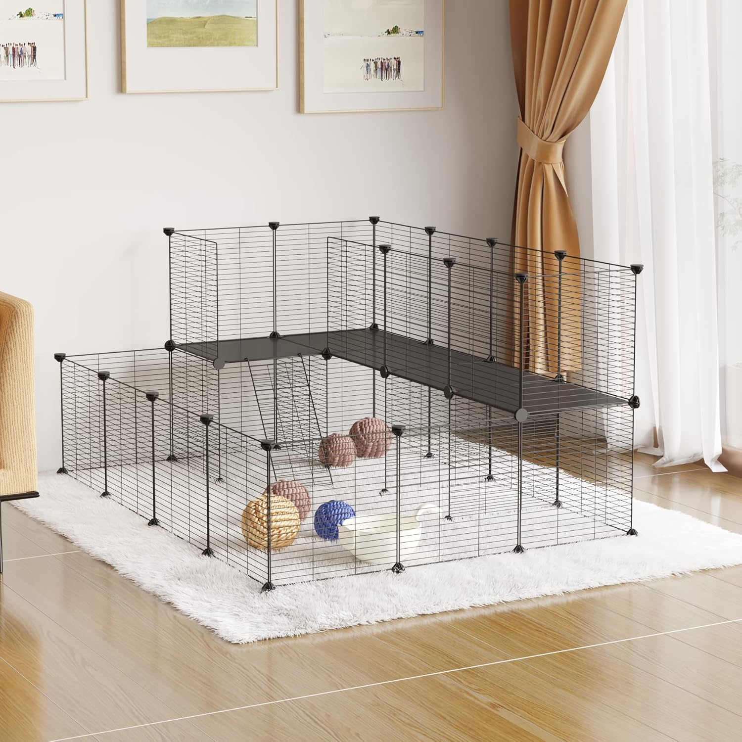 Detalle de EUGAD Freigehege für Kaninchen & Kleintiere mit Tür und Leiter (145x108x72 cm) – modulares Metallgitter-DIY-Gehege