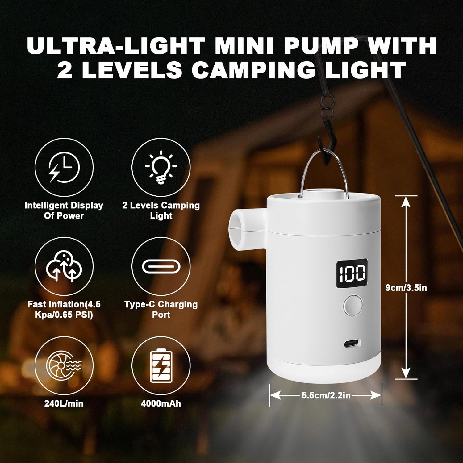 Detalle 2 de Portable Air Pump for Inflatables — Type-C Rechargeable, 5 Nozzles, Ultra-Compact and Quick Inflate/Deflate