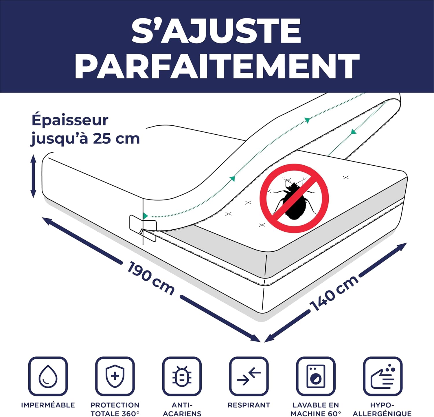 Thumbnail 6 de Housse Matelas Intégrale 140x190 anti-punaises de lit, imperméable et labellisée Oeko-TEX