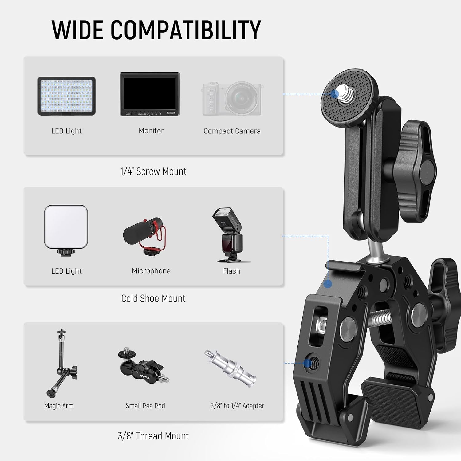 Thumbnail 5 de NEEWER Super Clamp with 3" Dual Ballhead Magic Arm (ST83) for phone & action cameras