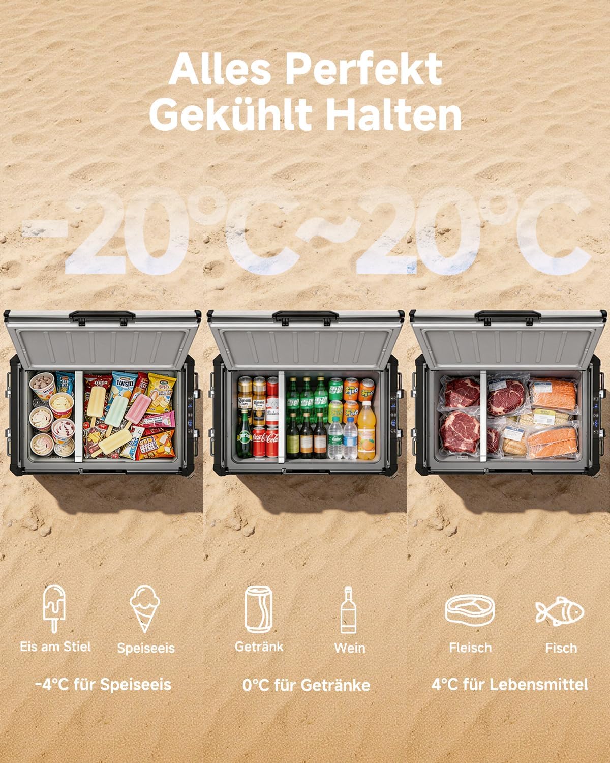 Detalle de AAOBOSI 60L Kompressor Kühlbox Dual Zone – leistungsstarke mobile Kühlung mit Edelstahlgehäuse