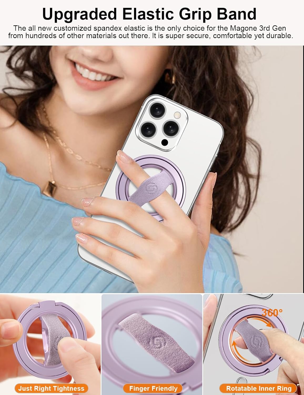 Thumbnail 2 de EWA MagOne 3rd Gen MagSafe Phone Grip Stand with Finger Strap (Purple) for iPhone 17–12 Series