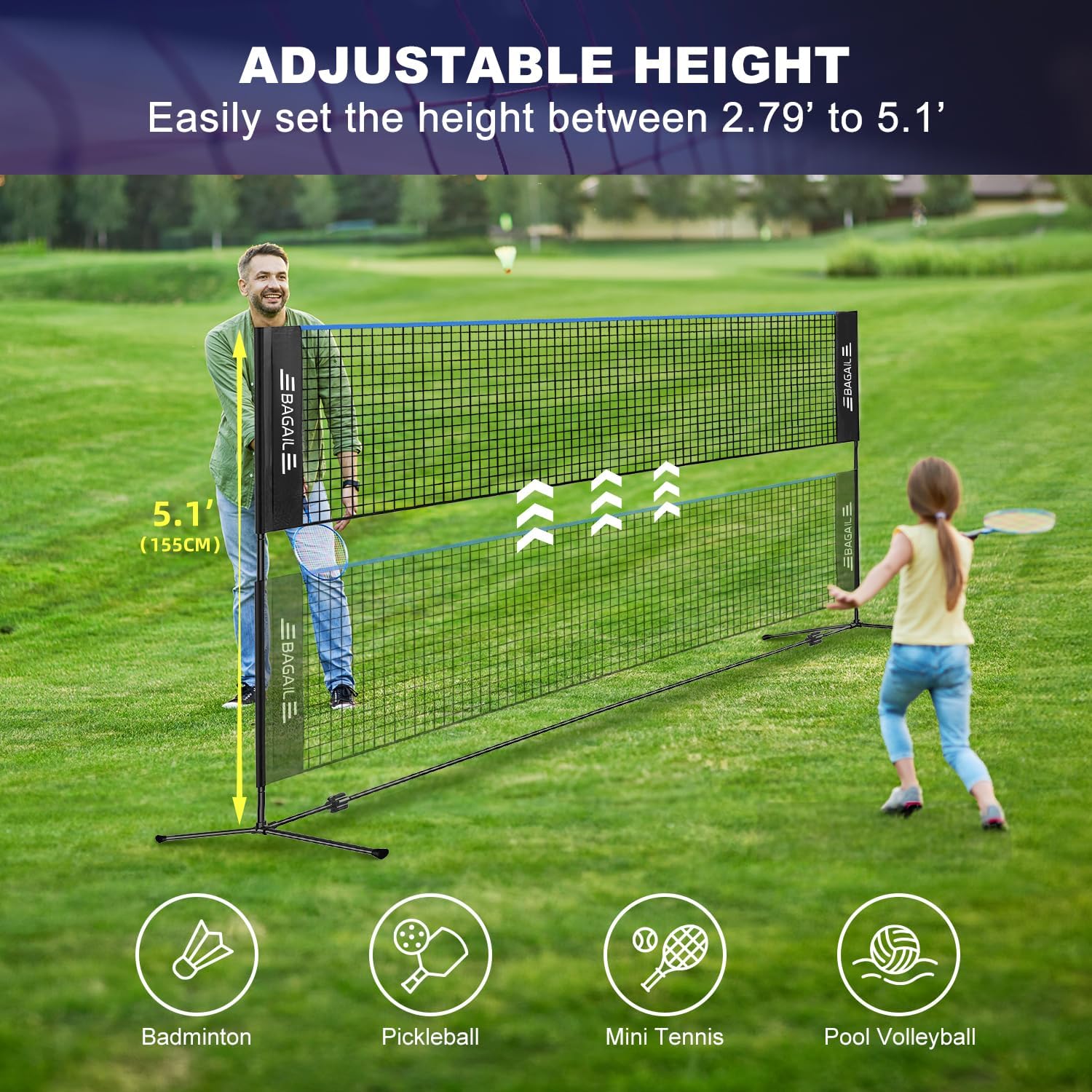 Detalle 2 de BAGAIL Badminton Net (Height Adjustable Kids Volleyball Net) — Foldable Nylon Training Net, 10/14/17 ft Wide