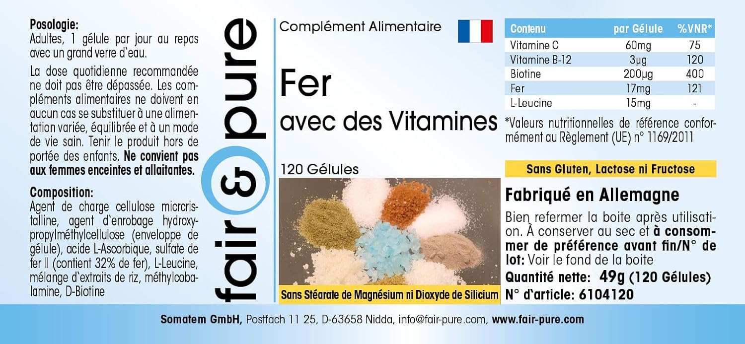 Detalle de Fair & Pure Eisen mit Vitaminen, 120 Kapseln – schluckfreundlich, vegan, hergestellt in Deutschland