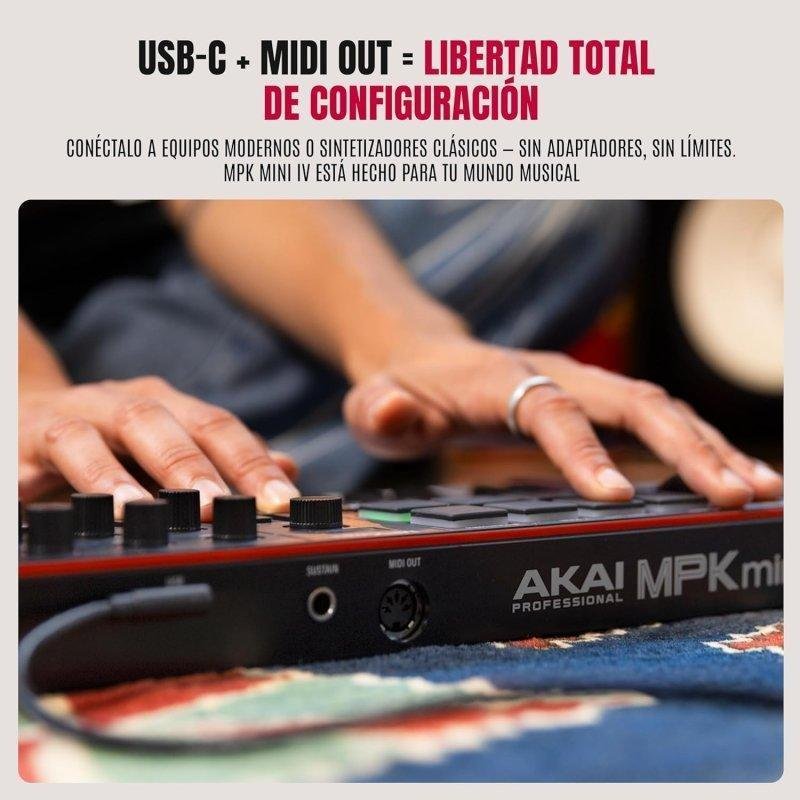 Detalle de Akai MPK Mini IV: controlador MIDI compacto con 25 teclas, pads RGB y 8 perillas asignables