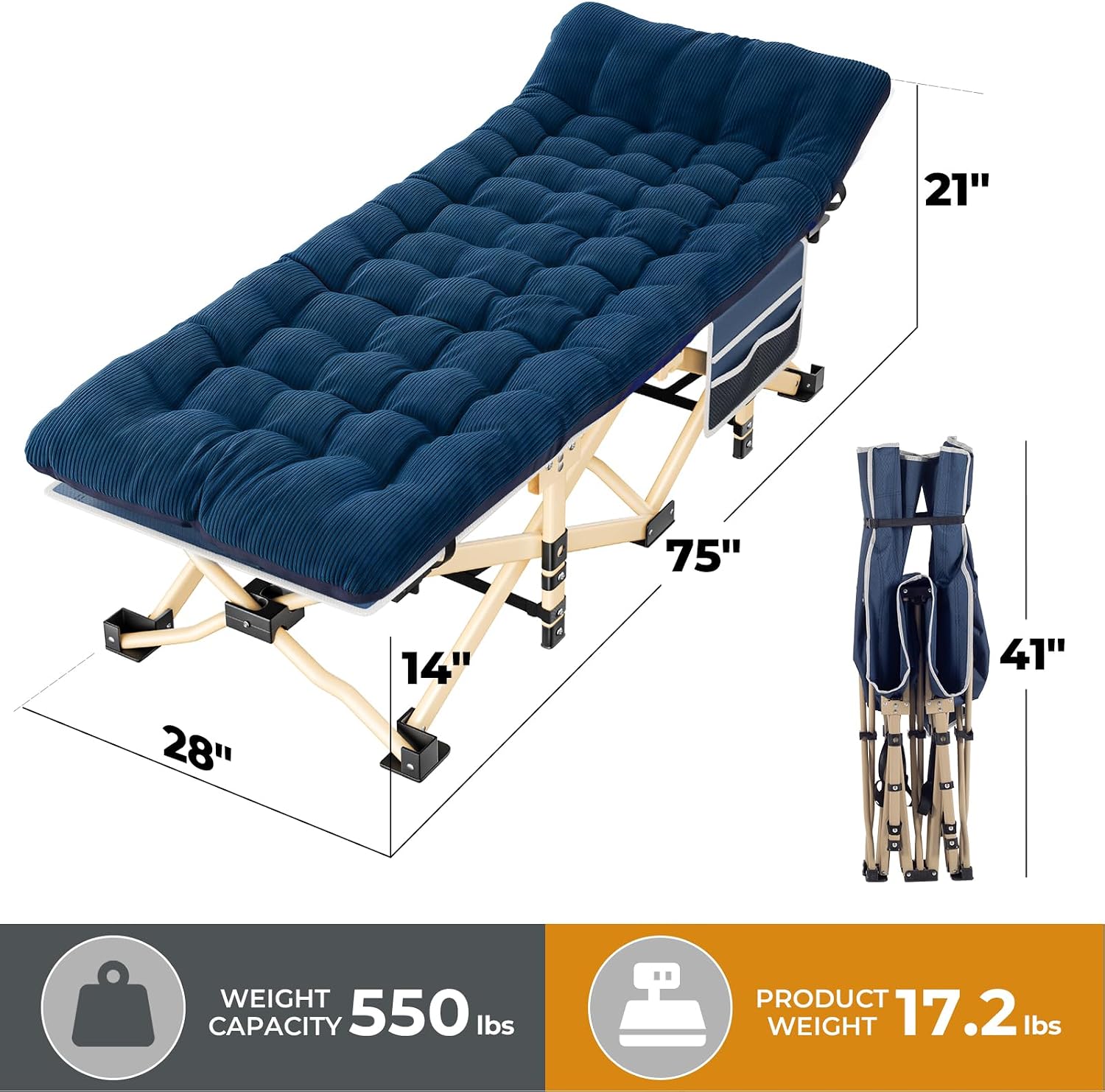 Detalle 2 de OVERMONT Oversized Folding Camping Bed (Adults) – 75 × 28" extra wide, 2400D Oxford, 550lbs capacity