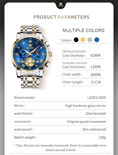 Detalle 2 de OLEVS Men's Two-Tone Stainless Steel Quartz Watch with Moon Phase and Luminous Hands