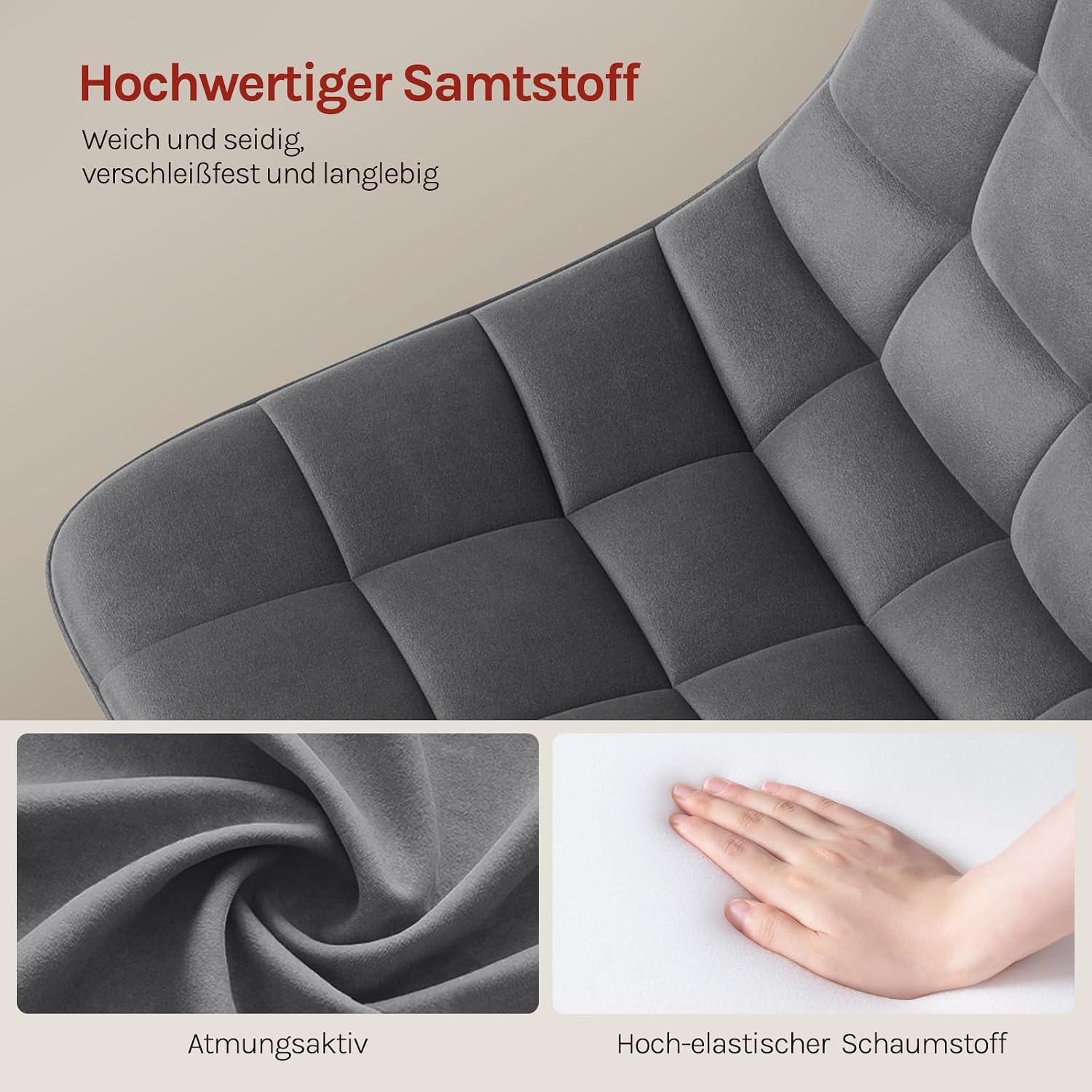 Detalle de WOLTU Schminktisch Stuhl / Hocker mit Rückenlehne – höhenverstellbar, 360° drehbar, Samt, dunkelgrau