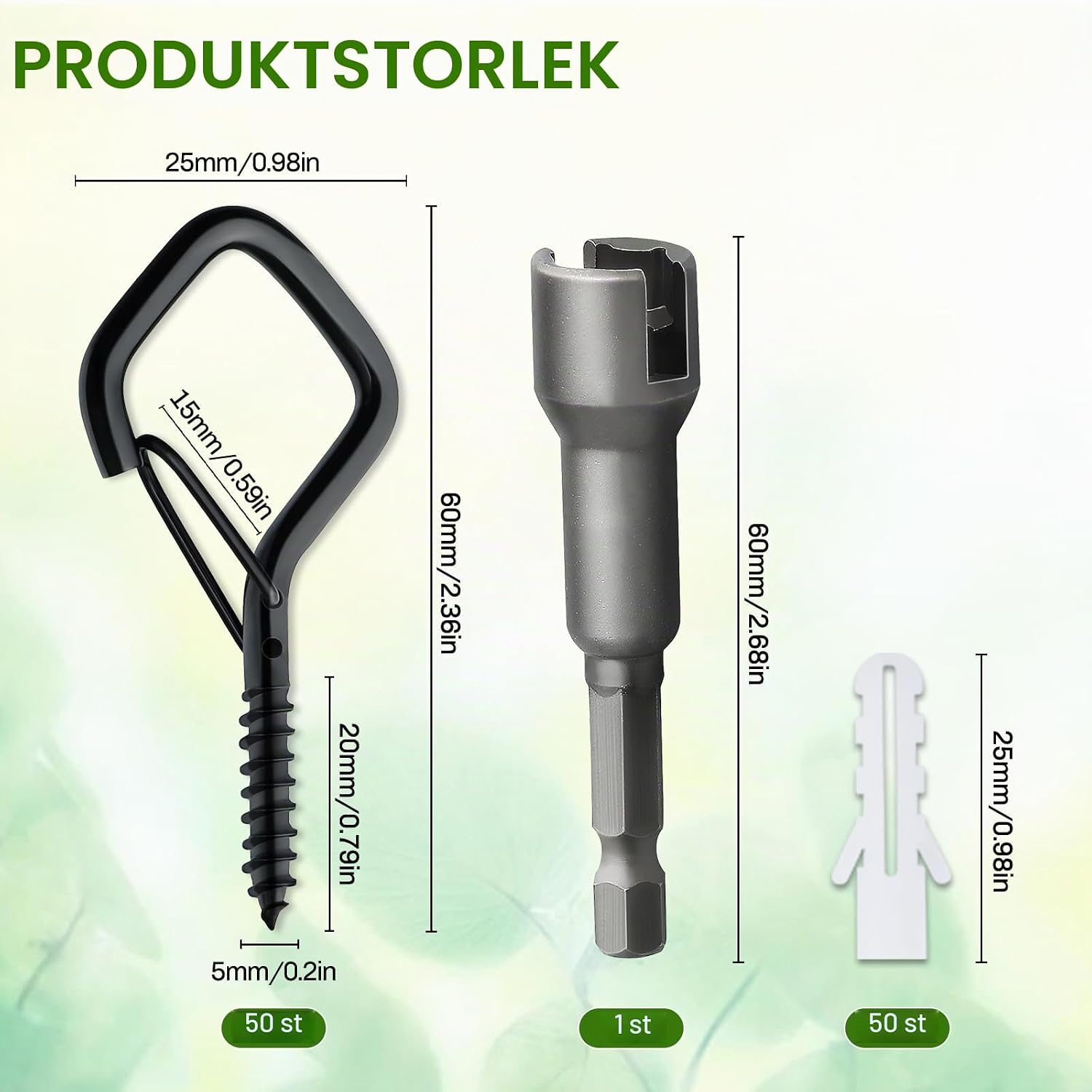 Detalle de Gucass skruvkrokar i rostfritt stål, svarta med säkerhetsspärr, 50-pack