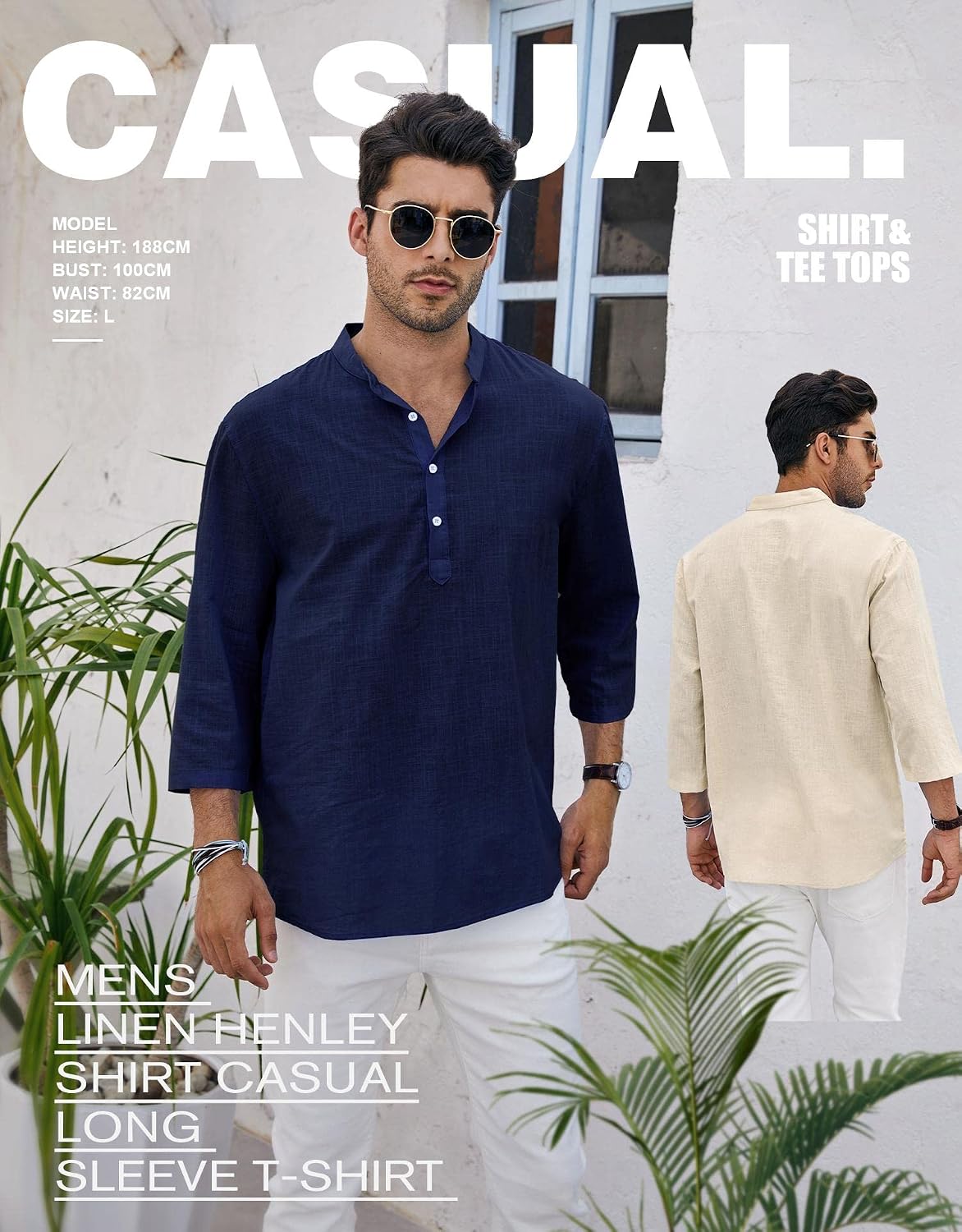 Thumbnail 2 de Ryannology Men's Linen Shirts with 3/4 Sleeve Henley: Lightweight Summer Comfort