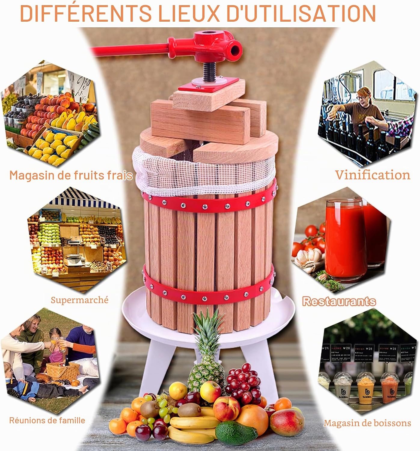 Detalle de Aufun JOD-(HAG8243A-P) fruitpers 6 liter met persdoek, handmatige schroefpers