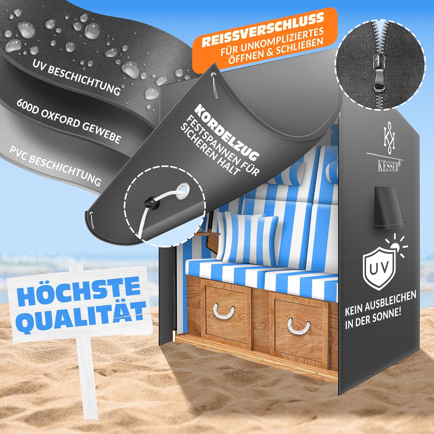 Thumbnail 3 de KESSER Premium Strandkorb Schutzhülle – 120x90x160 cm, UV- & wasserdicht, 600D Oxford-Gewebe, belüftete Abdeckung in Anthrazit