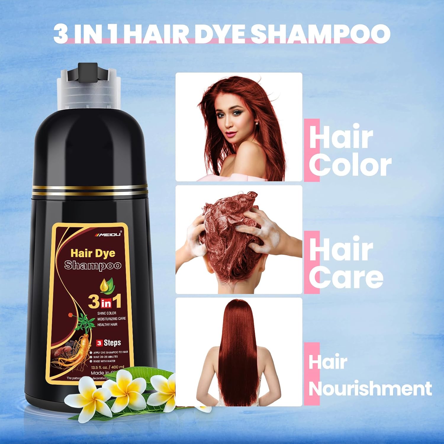 Detalle 2 de IIIMEIDU Burgundy Hair Dye Shampoo 3 in 1 for Gray Hair (500ml)