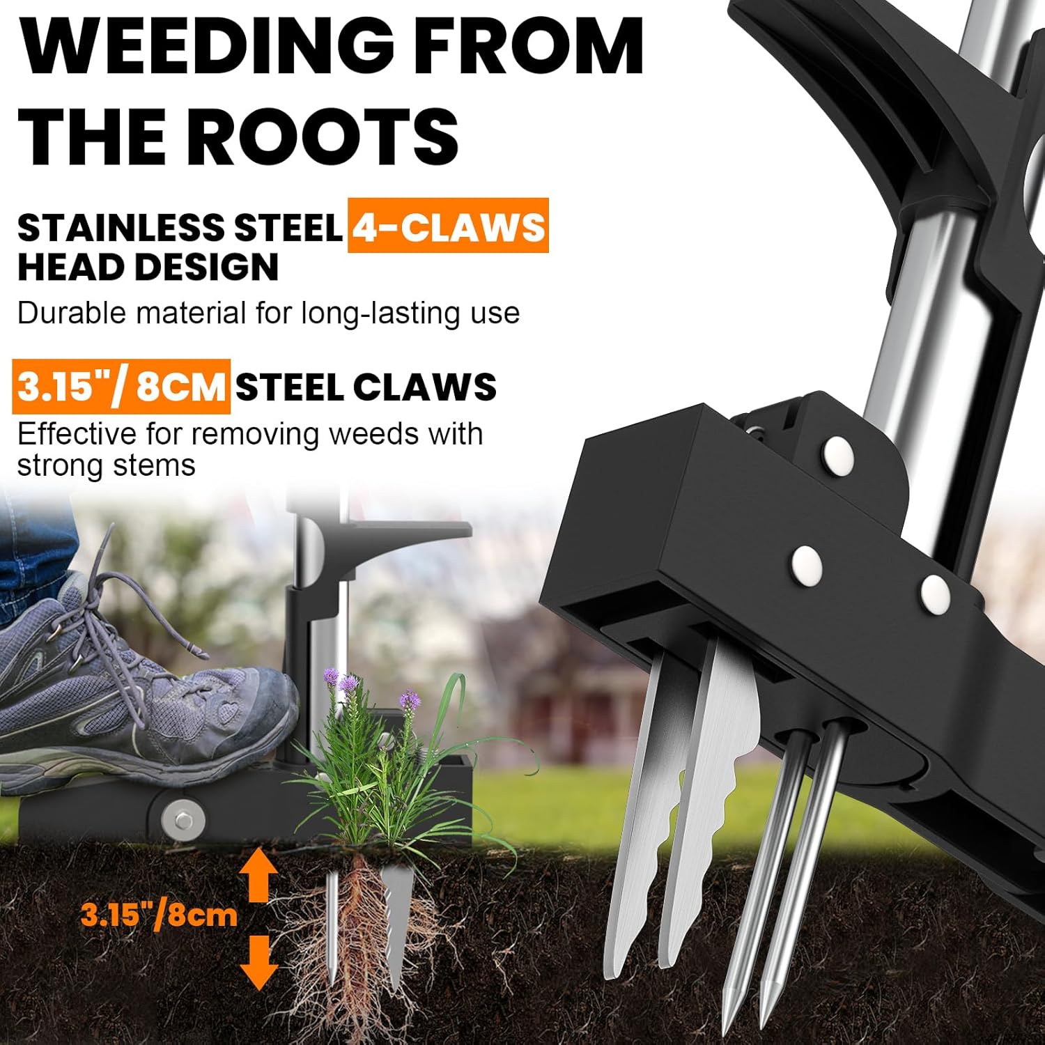 Detalle de Digtokore Weed Remover Tool with 99cm stand-up handle and 4-claw root puller