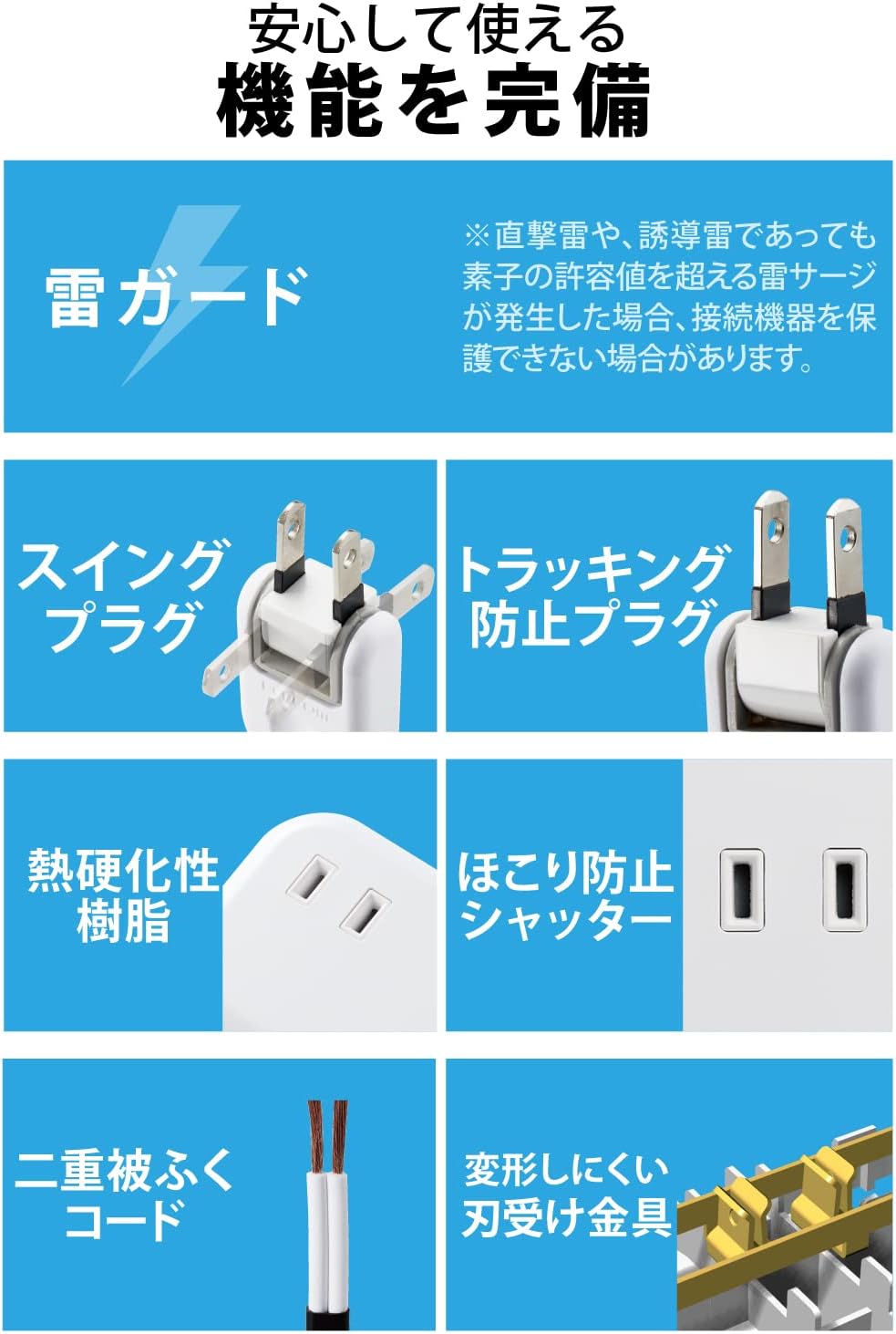 Detalle 2 de エレコム ECT-25215WH 雷ガード付き電源タップ USB-C 20W対応・3ポート・1.5m